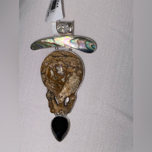 NWT Sajen Silver Picture Jasper Skull/Alien Pendant w/Multi-Gemstones in .925 - Picture 6 of 8